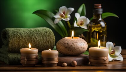 Obraz na płótnie Canvas Soothing spa treatment background with candles on dark surfaceempty space for personalized text.