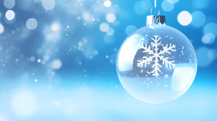 Obraz na płótnie Canvas Transparent Christmas ball with snowflake on the blue boke background