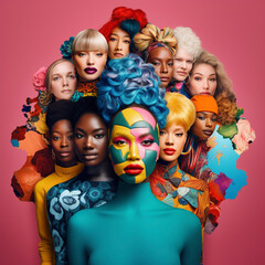 Beautiful young women of different ages and ethnicity on a pink background and design symbolizing earth in the back, lgbtq, diversity, inclusion, pride month concept