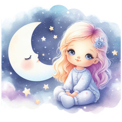 Fototapeta premium watercolor little girl in the moon