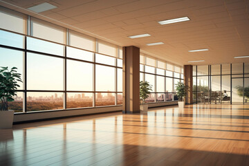 Beautiful spacious modern office interior background with wide windows, illuminated by sunlight 