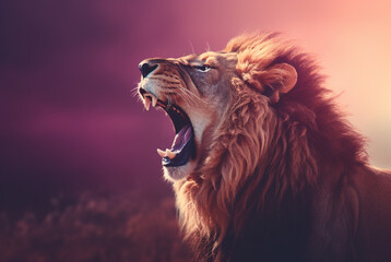 A large lion with open mouth on the top of the sky, In soft purple tones