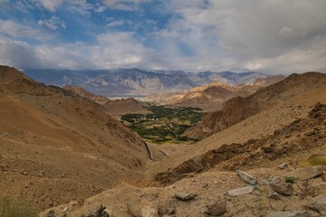 Fototapeta na wymiar Drone shot of the rocky hills of Khardung la in Ladakh, India