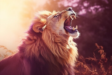 A large lion with open mouth on the top of the sky, In soft purple tones