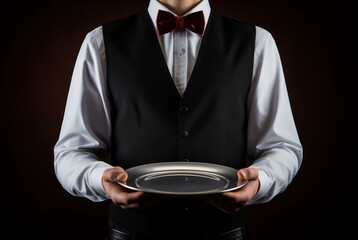 Waiter standing holding plate on dark background