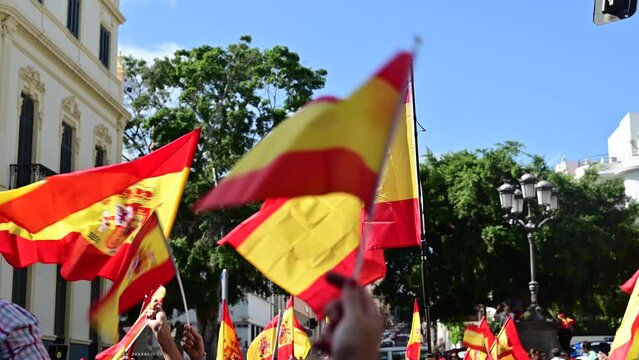Hundreds of protesters waving the flag of Spain