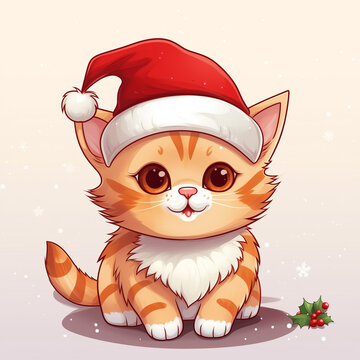 Cartoon style, happy cute cat with Christmas booble hat tear gift up