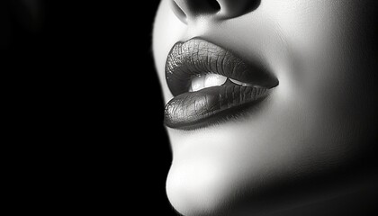 Black and white close up portrait of womans lips with a subtle, slightly parted mouth