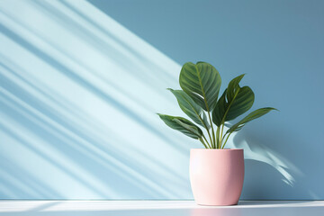 Beautiful versatile light blue empty background, with shadow light, and plant in pot for product presentation