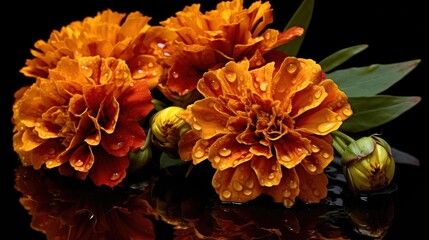 Bouquet of beautiful marigold flowers on a black background. Marigold. Beautiful Marigold Flowers. Carnation. Mother's Day Concept. Valentine Day Concept with a Copy Space. Springtime.