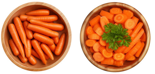 Carrot sticks and slices in wooden bowls isolated on white brackground, food bundle - obrazy, fototapety, plakaty