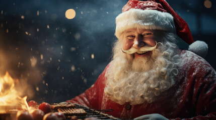 Santa Claus grilling barbecue outdoor on grill - obrazy, fototapety, plakaty