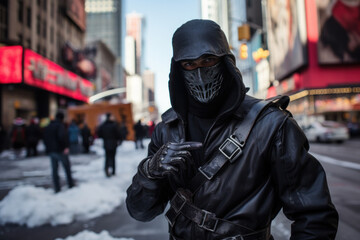 Photo of ninja on the winter city background