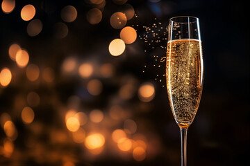elegant champagne glasses with a burst of fireworks springing from them, symbolizing celebration, set against a backdrop of a starry night sky