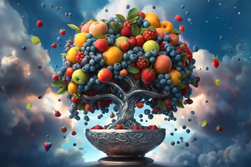Tree of Life illustrated by cornucopia of growing fruits on robust tree in silver
