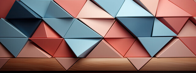 Abstract geometric pattern of triangular wooden blocks in coral and sky blue, ideal for modern design concepts.
