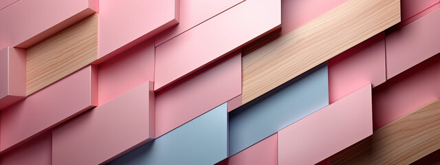 Geometric abstraction of pink and blue wooden panels in a dynamic pattern. Soft hues and angles for modern design.
