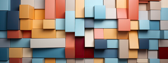 Colorful blocks in a vibrant three-dimensional wall arrangement. A playful and creative backdrop for dynamic compositions.
