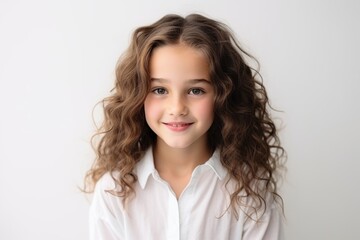 Portrait of a beautiful little girl with long curly hair on a white background