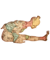 yoga illustration with an ancient world map, yoga pose silhouette, great for yoga websites, print on demand products, yoga art, yoga compositions, yoga paintings, yoga blogs... with vintage style.