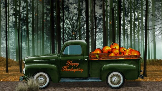 Vintage Truck Thanksgiving Pumpkins Leaves Falling 4K Loop features a vintage green truck with a pile of pumpkins in the back driving along with leaves falling in a loop.