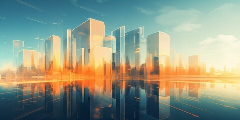 Fototapeta na wymiar Skyscrapers background at sunset or sunrise, geometric pattern of towers, perspective graphic painting of buildings - Architectural illustration for financial, corporate and business brochure template