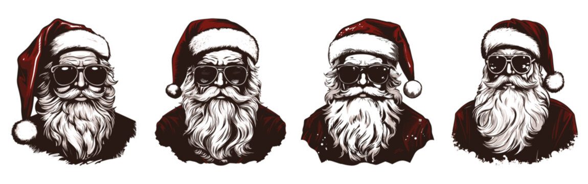 Cool Santa With Sunglasses. Retro Vintage Santa Claus Clipart. Simple Art Of Santa Claus. Logo Of Santa Claus. Vector Illustration Isolated On White.	