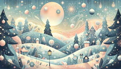 Storybook Christmas Winter Village with Snow-Covered Trees and Decorations - obrazy, fototapety, plakaty