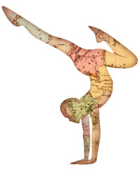 yoga illustration with an ancient world map, yoga pose silhouette, great for yoga websites, print on demand products, yoga art, yoga compositions, yoga paintings, yoga blogs... with vintage style.
