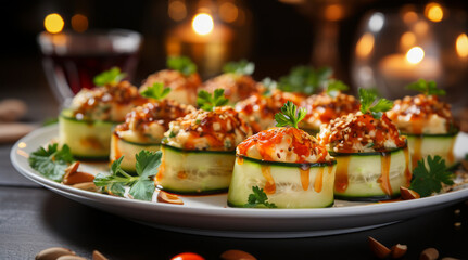 Holiday appetizer cucumber rolls filled with cheese mousse and spicy sauce on a plate. Horizontal, close-up,side view. - obrazy, fototapety, plakaty