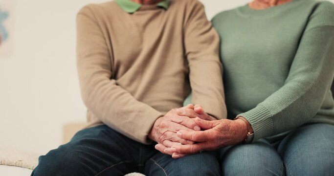 Home, bed and senior couple holding hands for romantic care, support or marriage partner trust, love or empathy. Closeup, kindness and bedroom people together with loyalty, commitment or respect