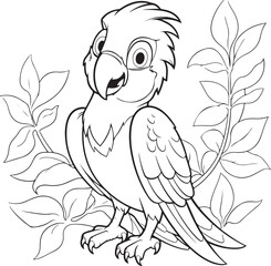 Obraz premium cartoon parrot on branch line art illustration for coloring pages