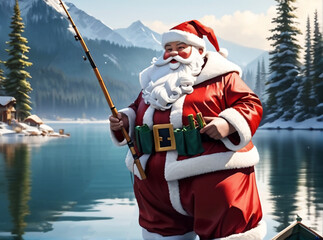 Santa Claus goes ice fishing . AI generated. 
