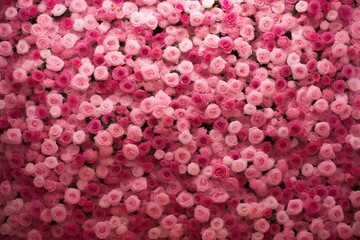 Obraz premium Many pink beautiful roses pattern. Wedding decoration background. Backdrop for greeting card, banner for valentine day and women day 
