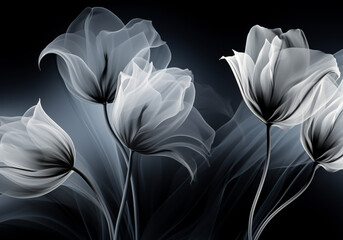 Abstract beautiful white and dark tulip emanating light and smoke around it. Romanticism and beauty. AI generative