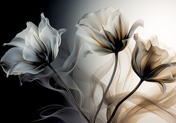 Abstract beautiful white and dark tulip emanating light and smoke around it. Romanticism and beauty. AI generative