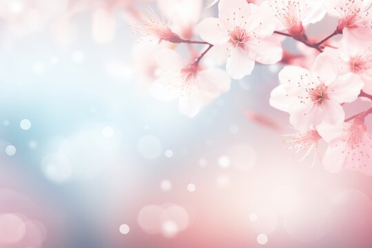 Cherry blossom in spring. Beautiful nature scene with blooming tree and sun flare. Spring flowers on blurred pink background with bokeh lights. Backdrop for card or banner with copy space