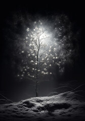 Rays of light on trees and snowy landscape, isolated in the darkness in a surrealistic environment. AI generative