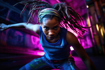 A fierce teenage girl dances breakdance
