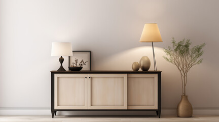 a modern console cabinet with a lamp and decorative items against a blank light wall