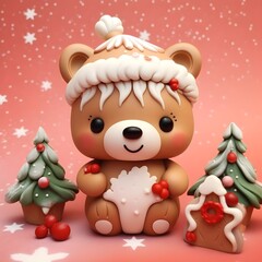 Fototapeta premium Osito de jengibre navideño con árboles de navidad comestibles. Modelo 3d render realista. Generado con tecnología IA