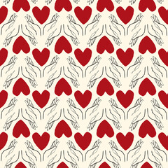 heart with hands seamless pattern in modern doodle style
