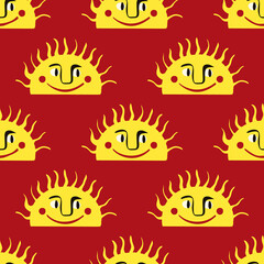 Pattern with Funny Funky sun with a lovely face. Freaky quirky sun in modern doodle style. Vector illustration