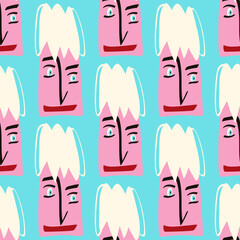 Pattern with Funky freaky cute face in modern doodle style