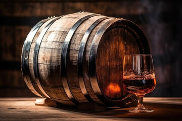 A wine glass is placed next to a wooden barrel