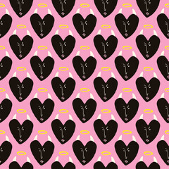Valentines Day pattern with ugly devil hearts. Groovy cute love characters