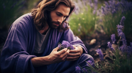 Noble man holding a purple flower in his hands, a symbol of faith