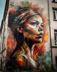 Street Art Meets Classic Portraiture - Ein Porträt, das Elemente der Straßenkunst, wie Graffiti und Stencil-Art, mit klassischen Portraittechniken kombiniert. Das Gesicht könnte von expressiven Street