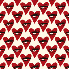 Valentines Day pattern with ugly funky hearts. Groovy cute love characters. illustration in doodle style