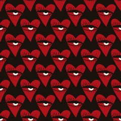 Valentines Day pattern with ugly funky hearts. Groovy cute love characters. illustration in doodle style